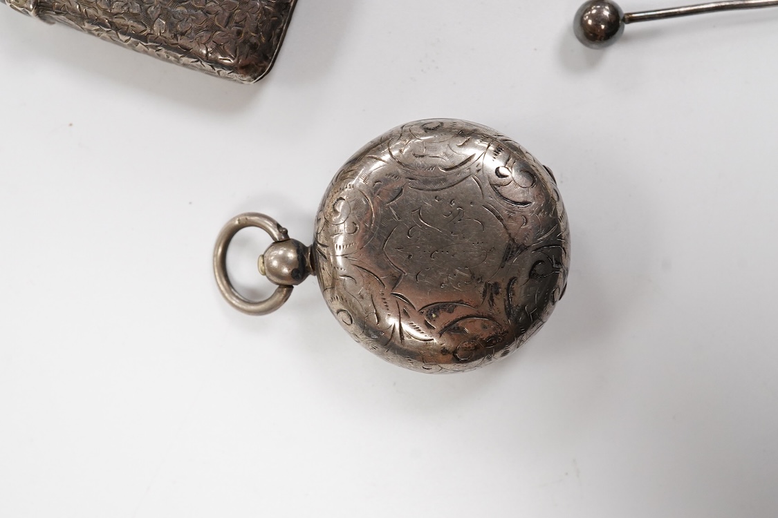 Small silver including a pair of Victorian provincial fiddle pattern sauce ladles, Robert Williams & Sons, Exeter, 1845, 16.6cm, a Victorian card case by Hilliard & Thomasson, two vesta cases, a sovereign case, a 1970's